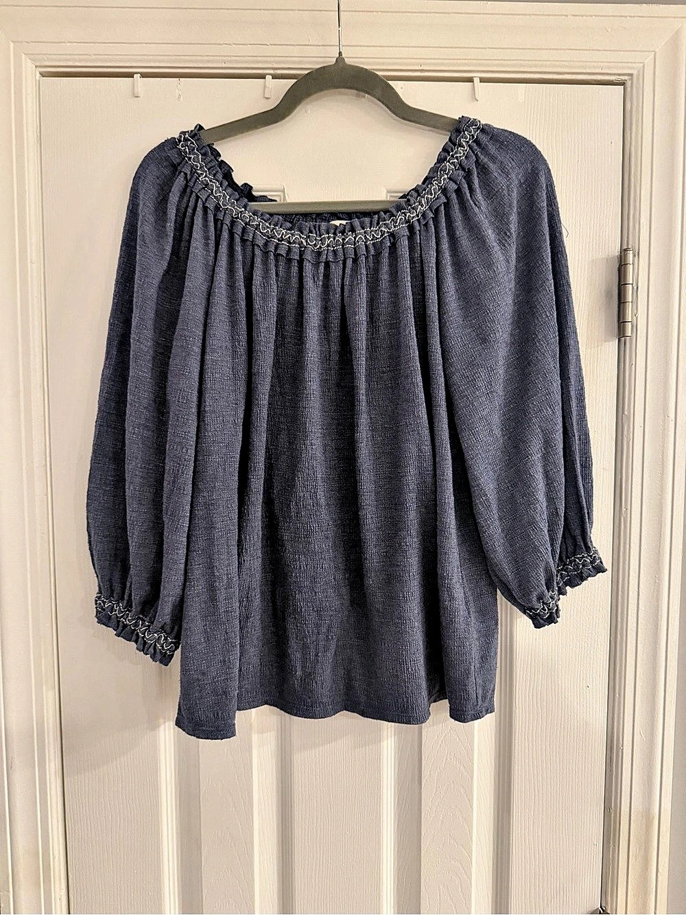 Max Studio Blue Smocked Peasant Blouse M Off Shoulder 3/4 Sleeve Boho Cottagecor
